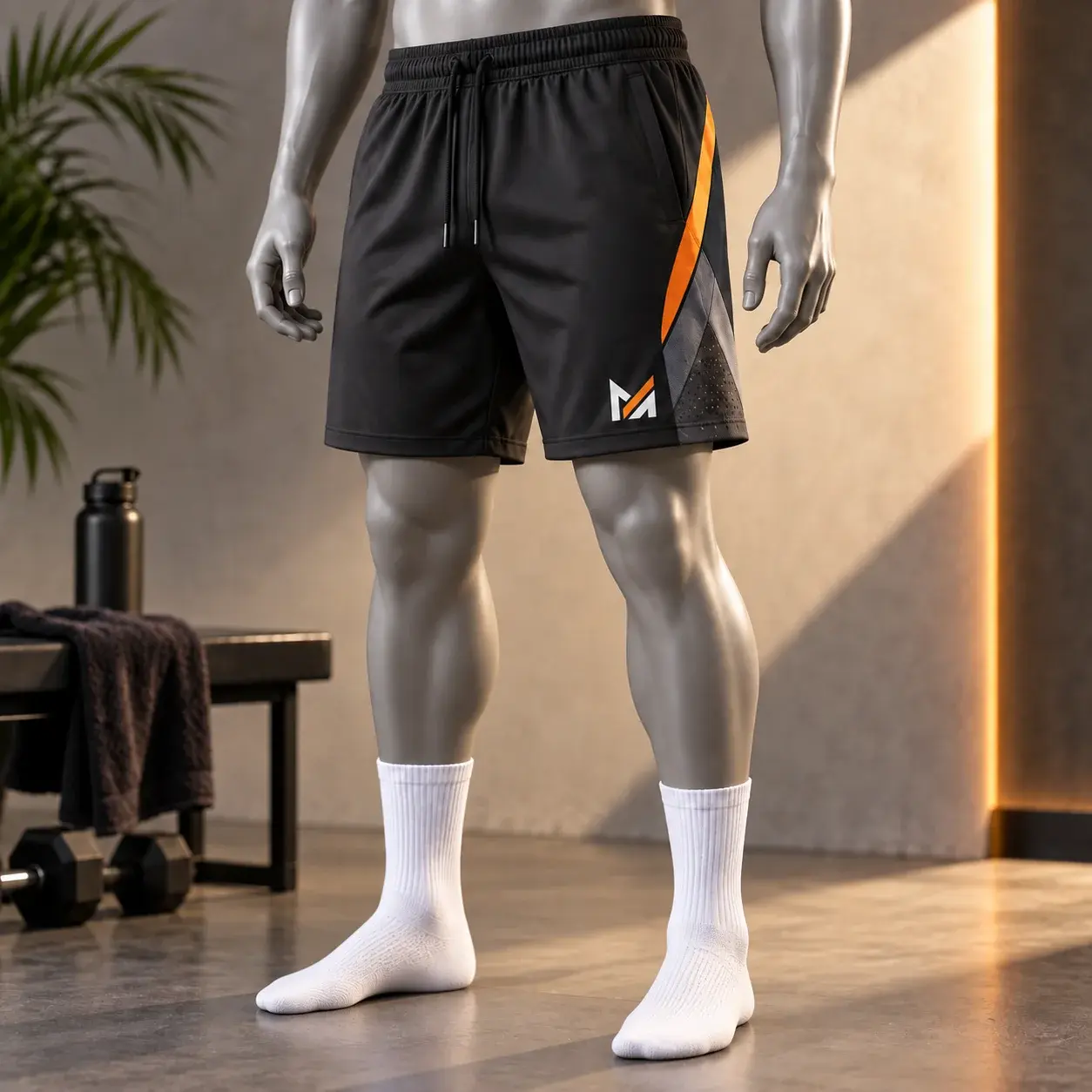 Black custom sports shorts with orange and gray side panels displayed on a mannequin, featuring the Mega Apparel logo in a modern sportswear studio.